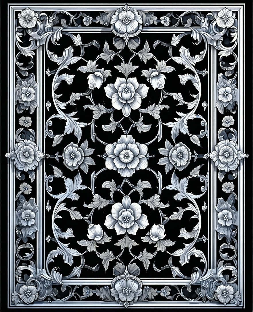 Intricate Floral Scrolls Monochrome Rug