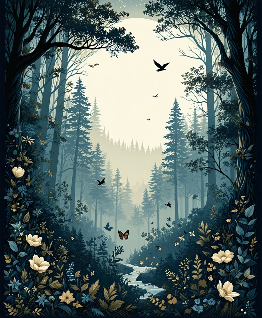 Midnight Forest With Butterflies Birds Rug
