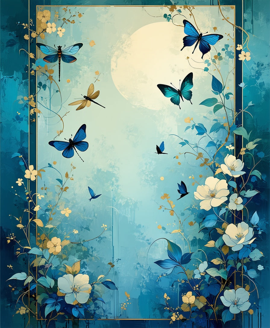 Blue Floral Butterfly Dragonfly Garden Print Rug