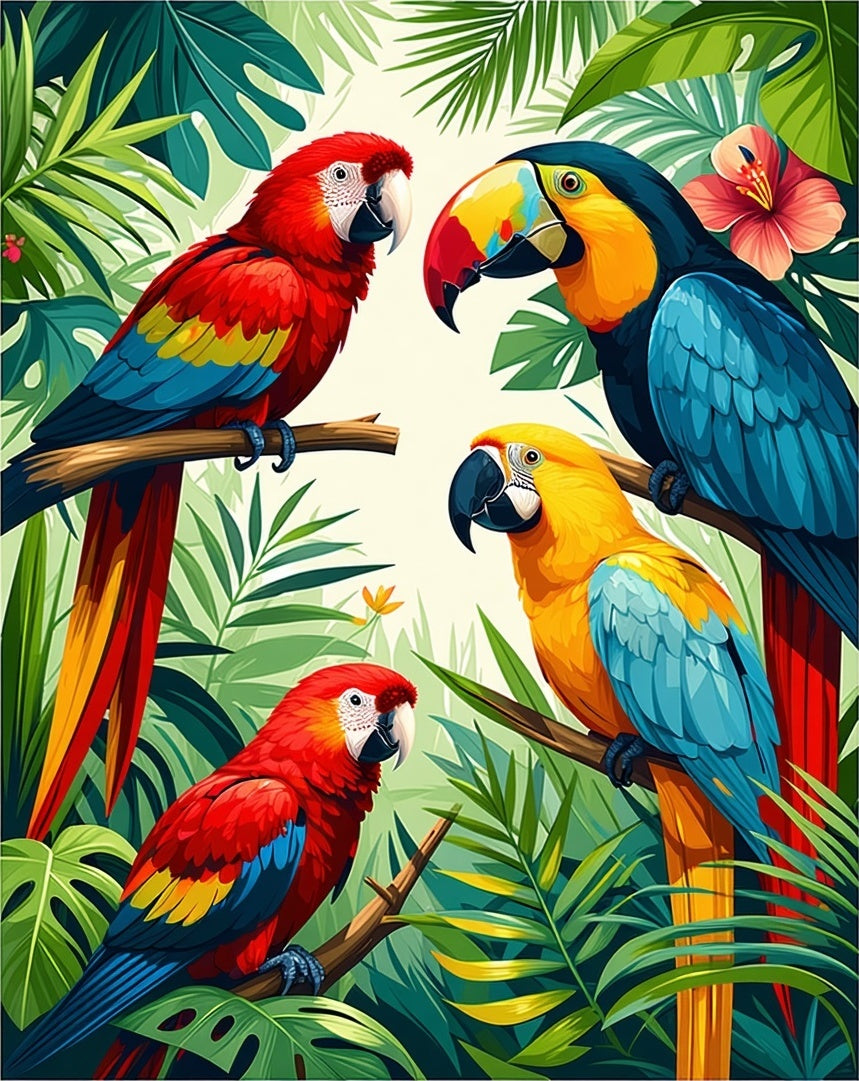 Vibrant Tropical Birds Foliage Pattern Rug