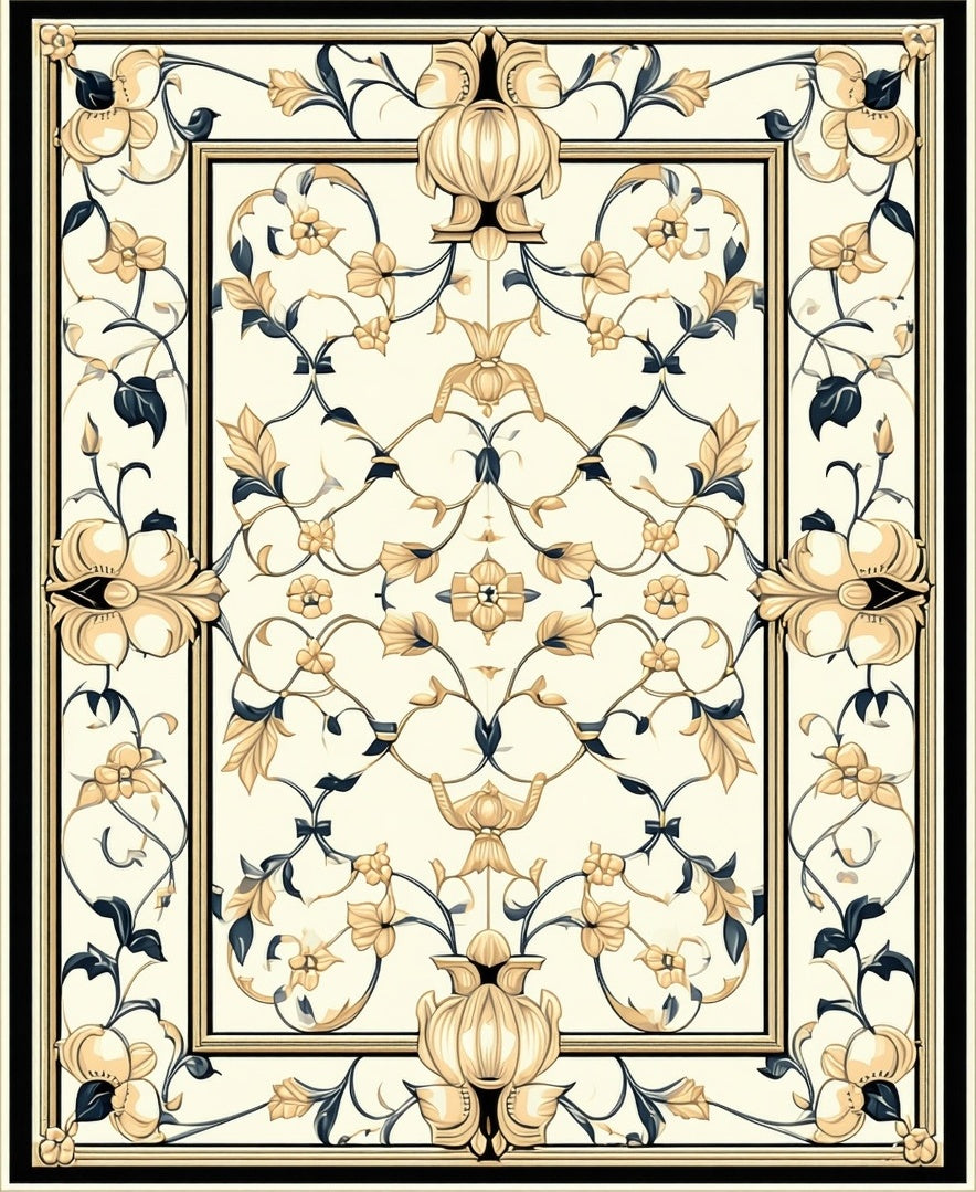 Elegant Cream Floral Vine Pattern Rug