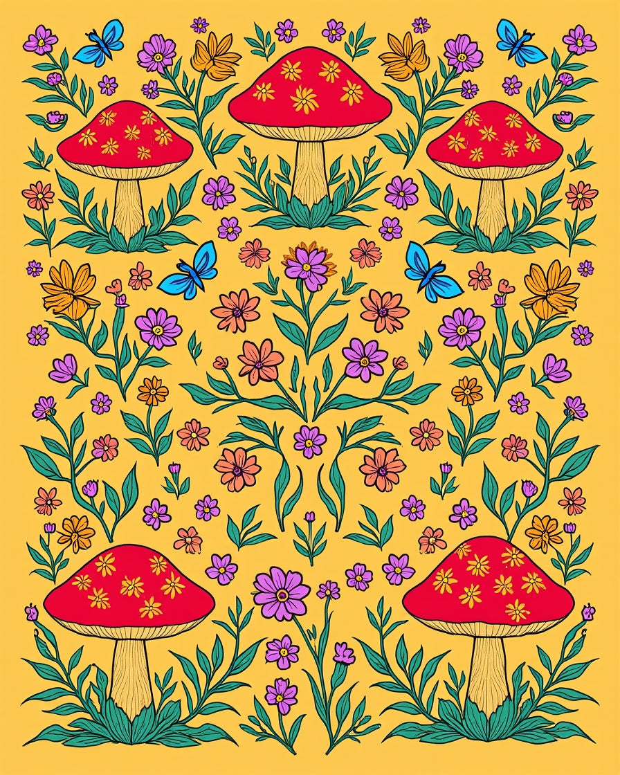 Whimsical Mushroom Butterfly Garden Print Rug
