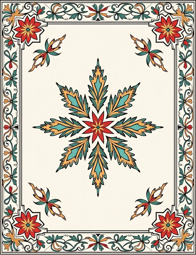 Ornate Floral Star and Border Pattern Rug