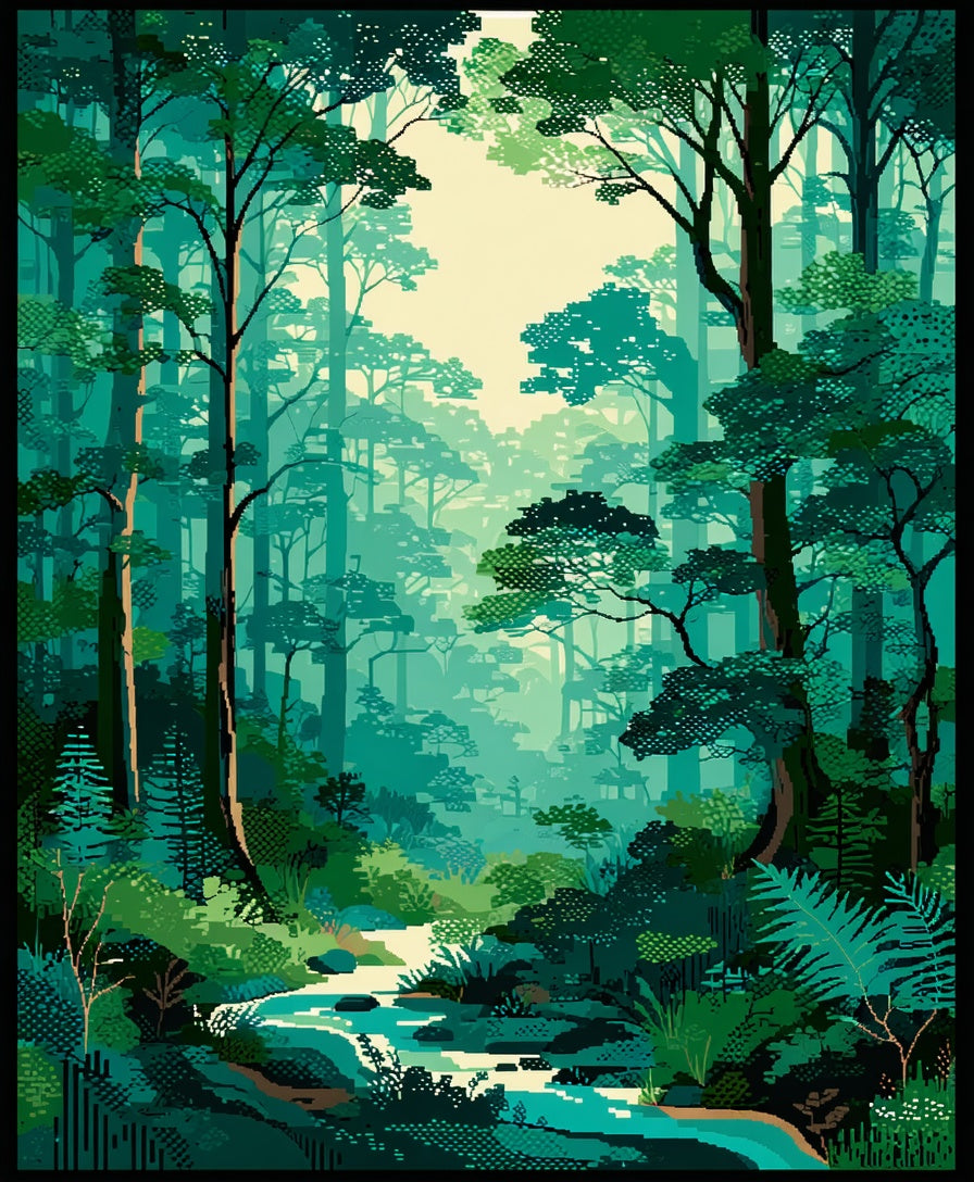 Enchanted Forest Stream Pixel Art Design Rug
