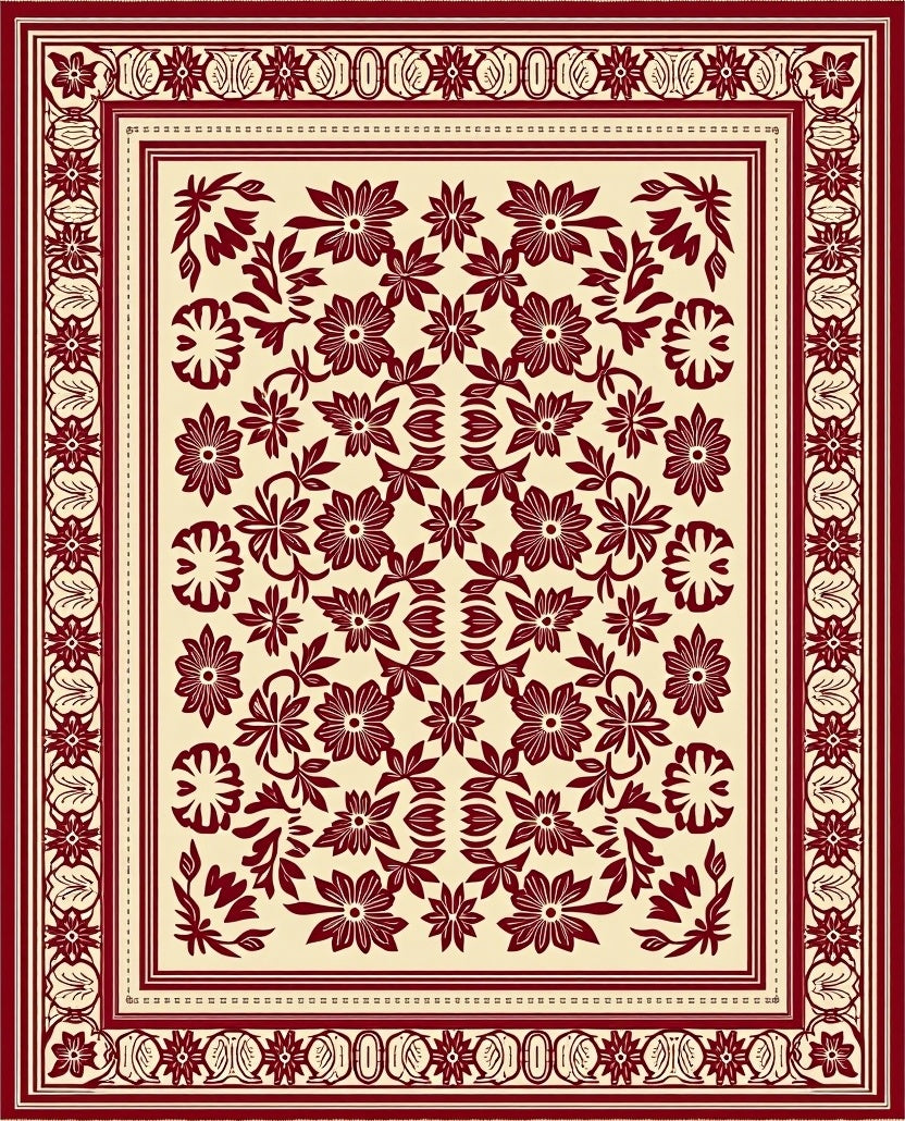 Crimson Floral Garden Medallion Ivory Rug