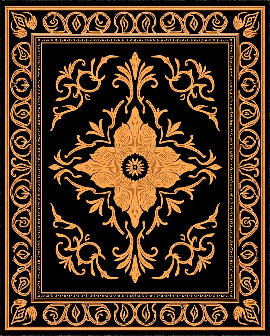 Golden Floral Medallion Black Rug