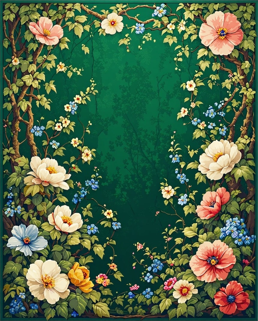 Vintage Floral Garden With Lush Green Background Rug