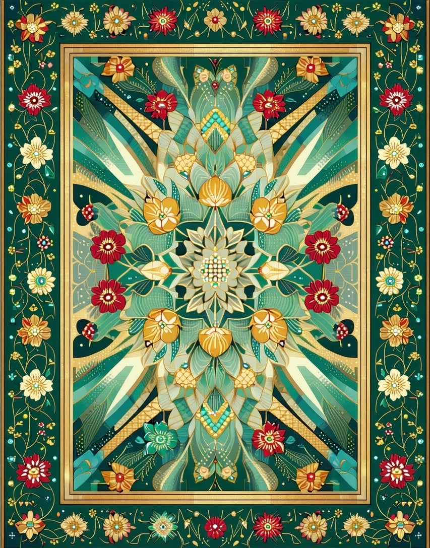 Ornate Emerald Floral Art Nouveau Rug