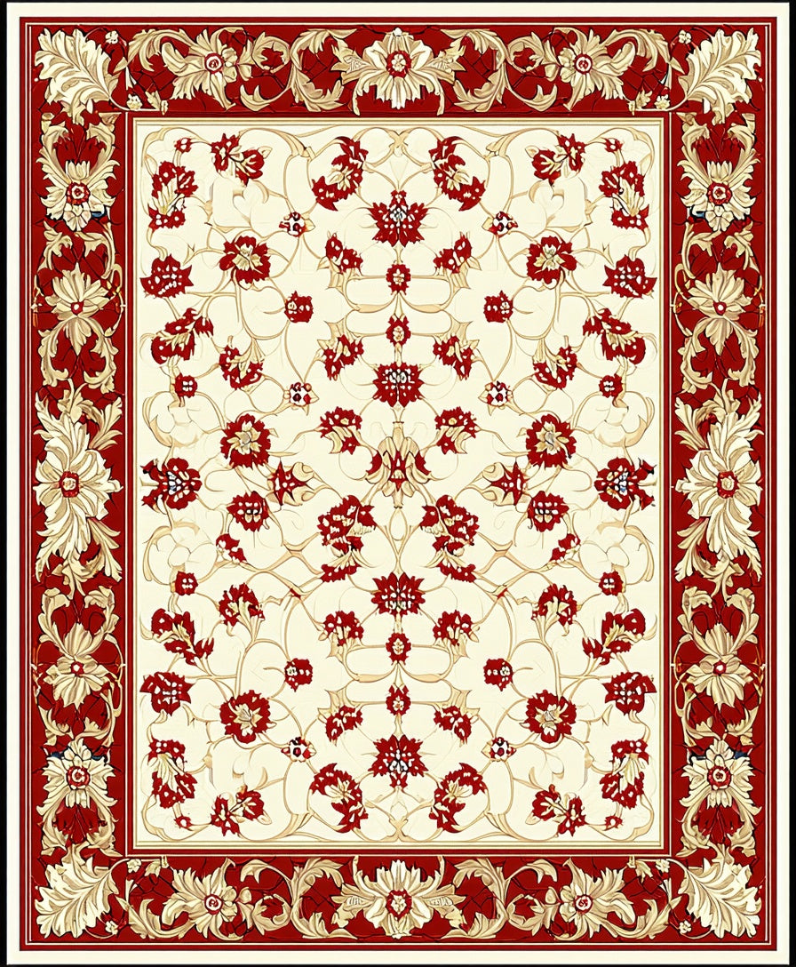 Intricate Floral Red Cream Tile Pattern Rug