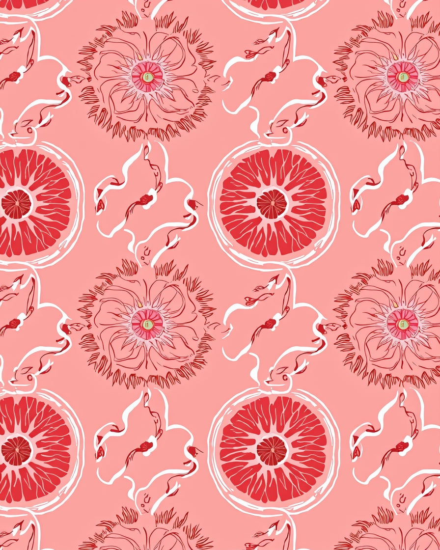 Red Pink Floral Citrus Pattern Rug