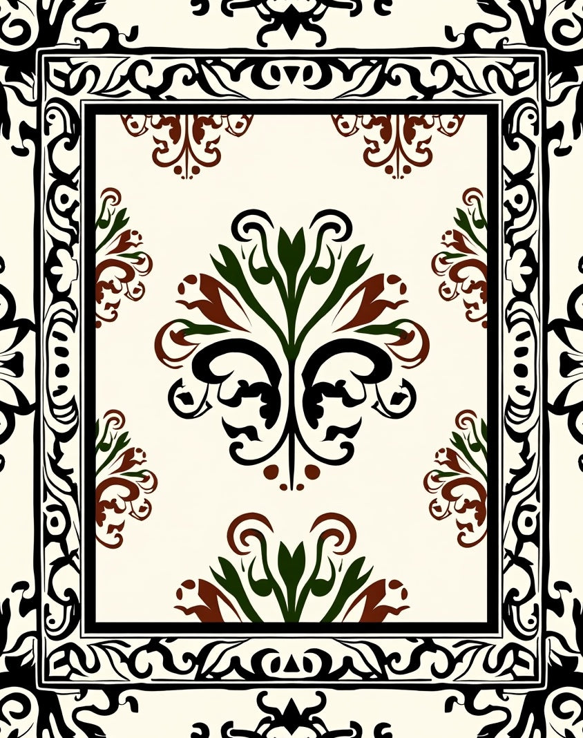 Ornate Black Green Brown Floral Rug