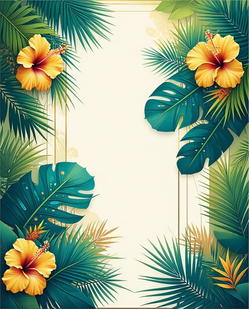 Vibrant Tropical Hibiscus Palm Frond Design Rug