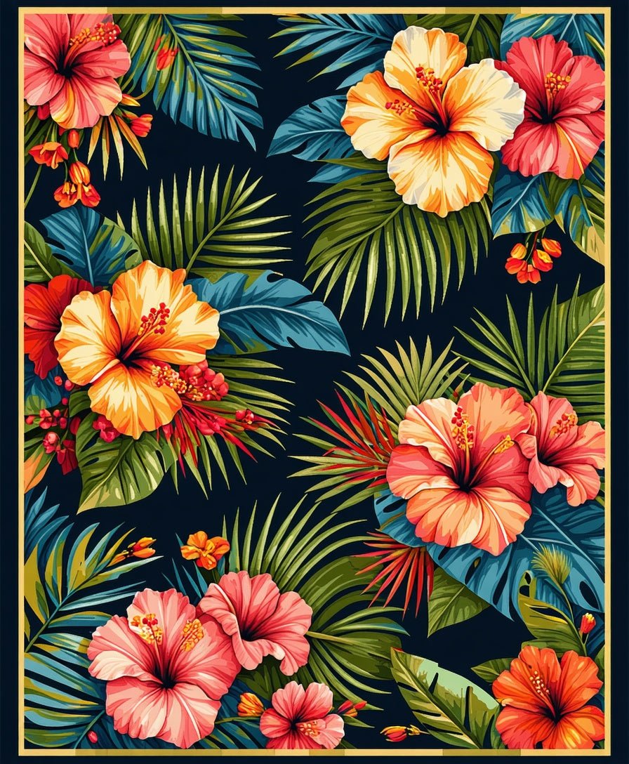 Vibrant Tropical Hibiscus Floral Pattern Rug