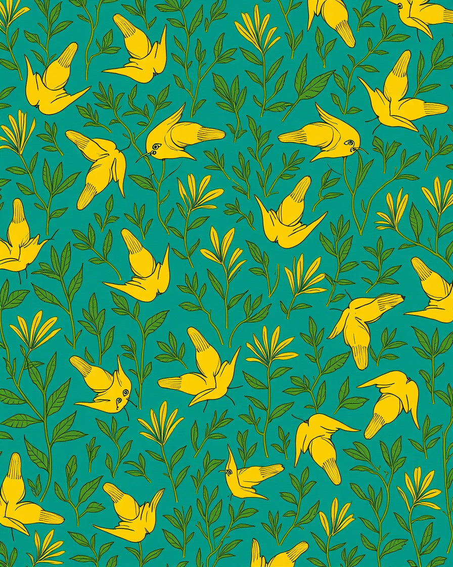 Yellow Birds And Green Leaves Pattern Rug