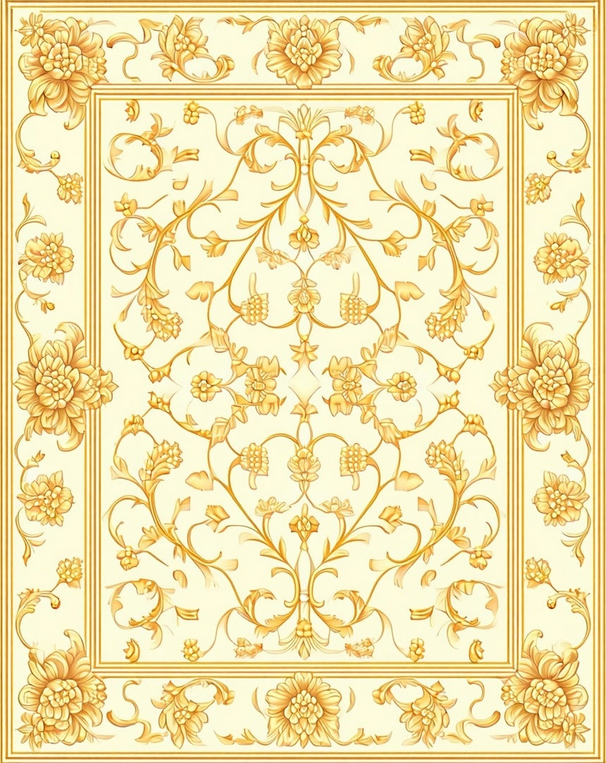 Ornate Gold Floral Vintage Design Rug
