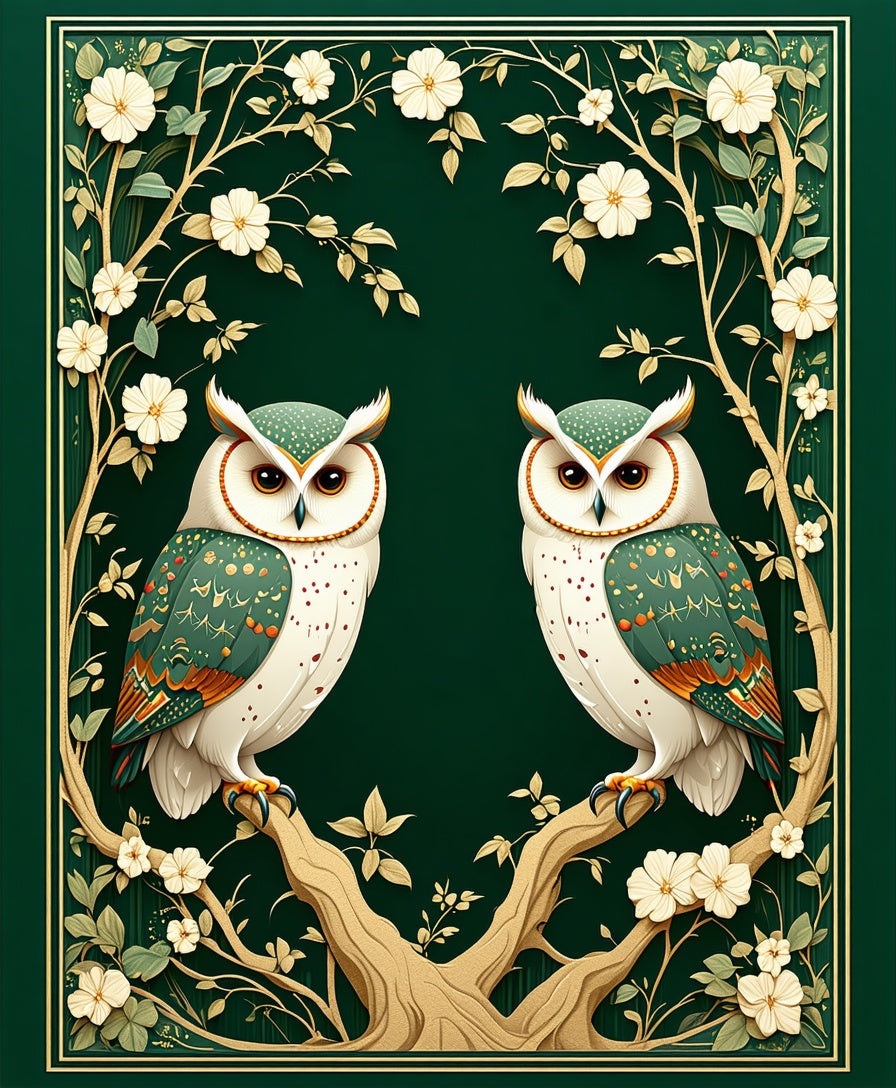 Emerald Whimsical Owl Floral Art Rug