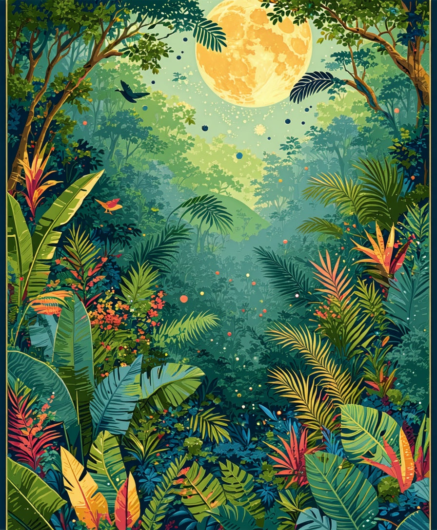 Lush Jungle Scene With Full Moon Rug