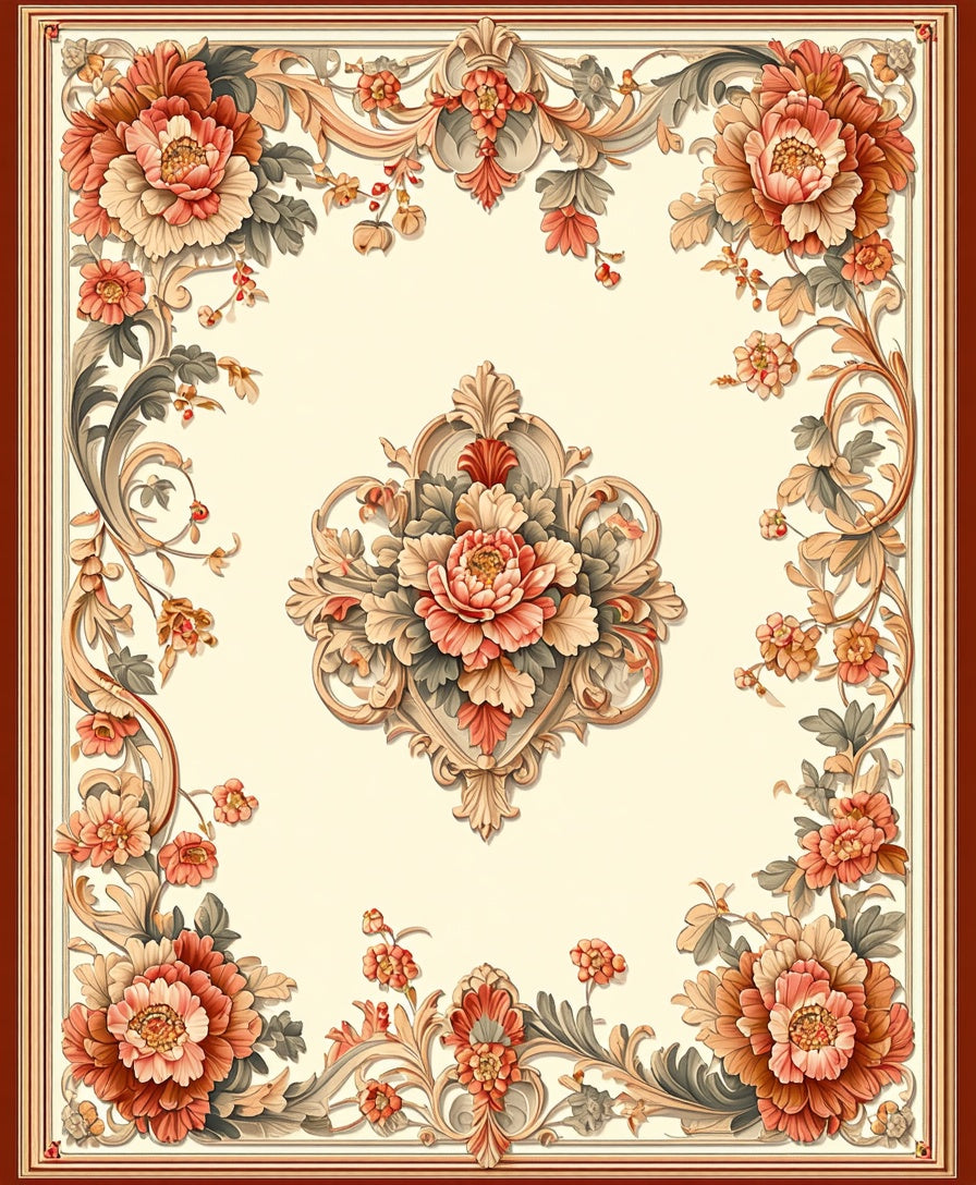 Ornate Coral Floral Scrollwork Rug