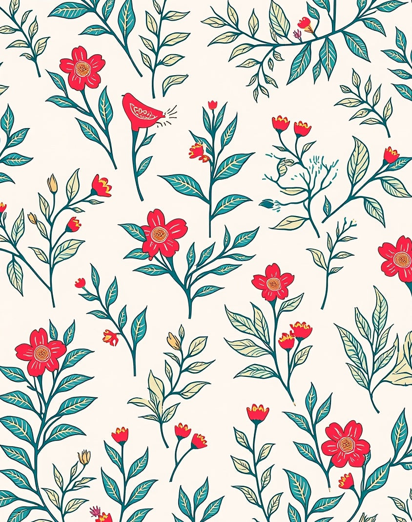 Scarlet Floral Bird Branch Pattern Rug