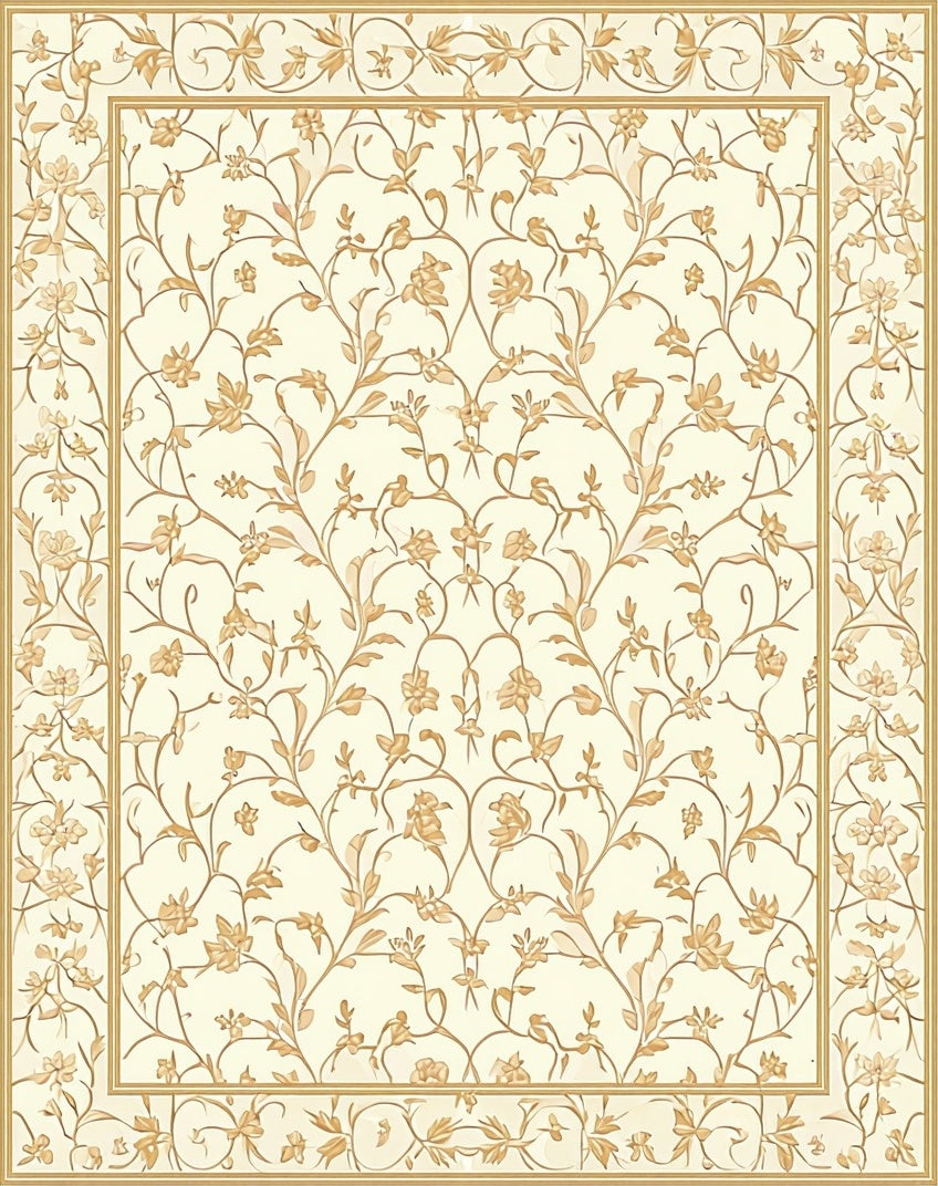Cream Gold Floral Vine Scroll Rug
