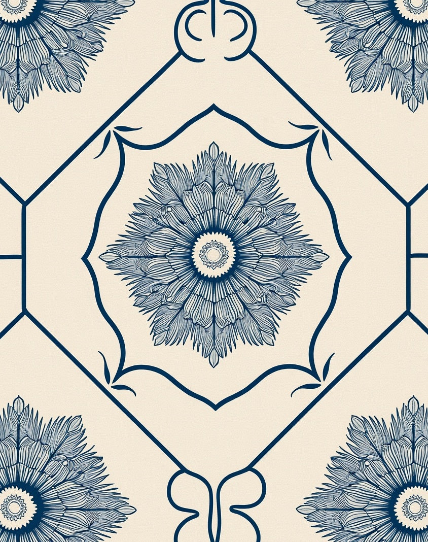 Chinoiserie Blue Floral Medallion Pattern Rug