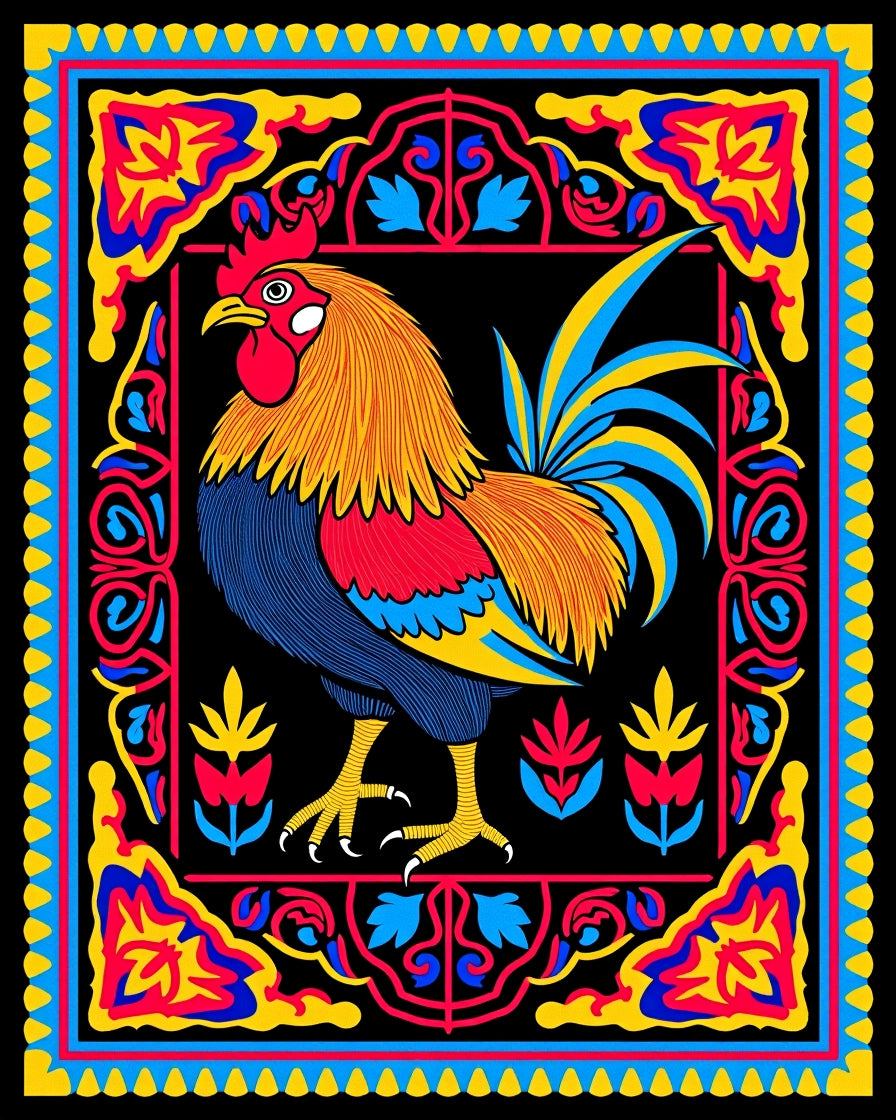 Bold Rooster Floral Frame Rug