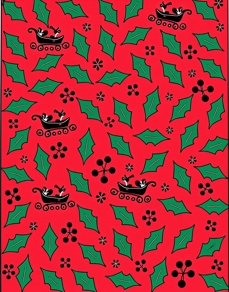 Retro Red Sleigh Holly Floral Rug