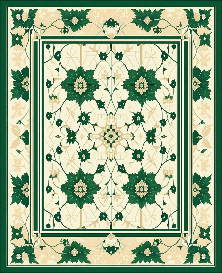 Classic Green Floral Medallion Pattern Rug