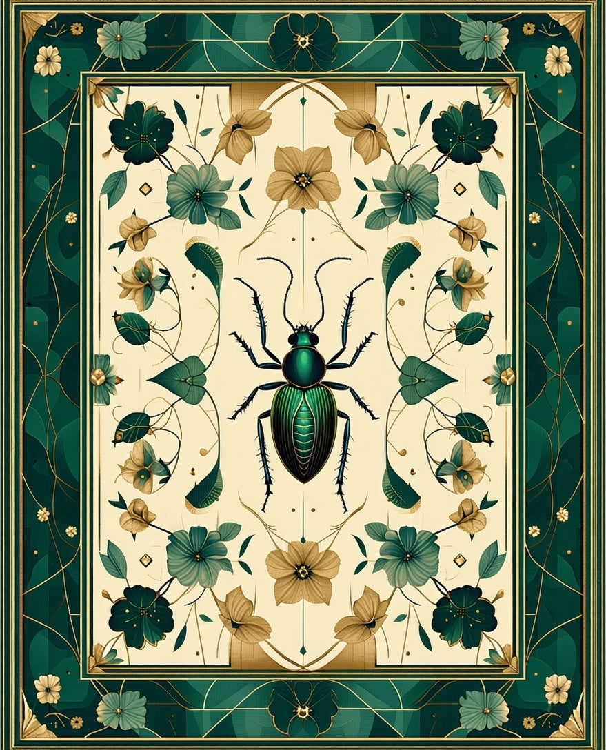 Emerald Insect Floral Art Nouveau Rug