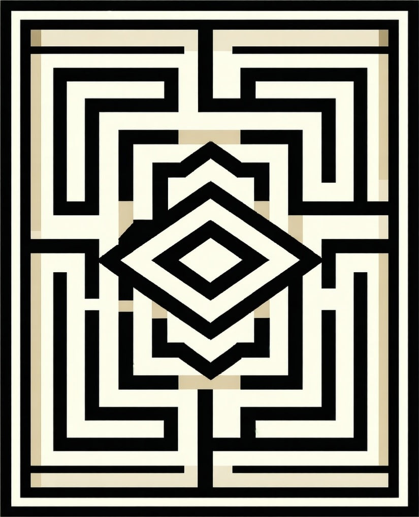 Geometric Maze Black Beige Pattern Rug