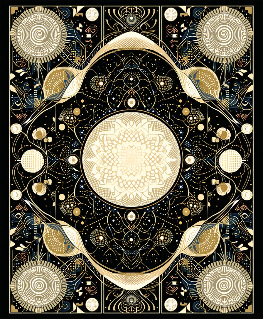 Intricate Golden Celestial Pattern Rug