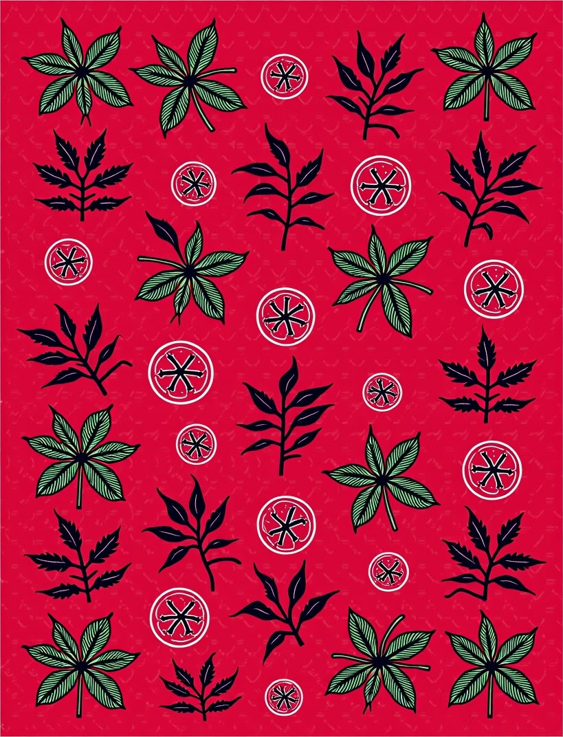 Crimson Green Foliage Circular Emblems Rug