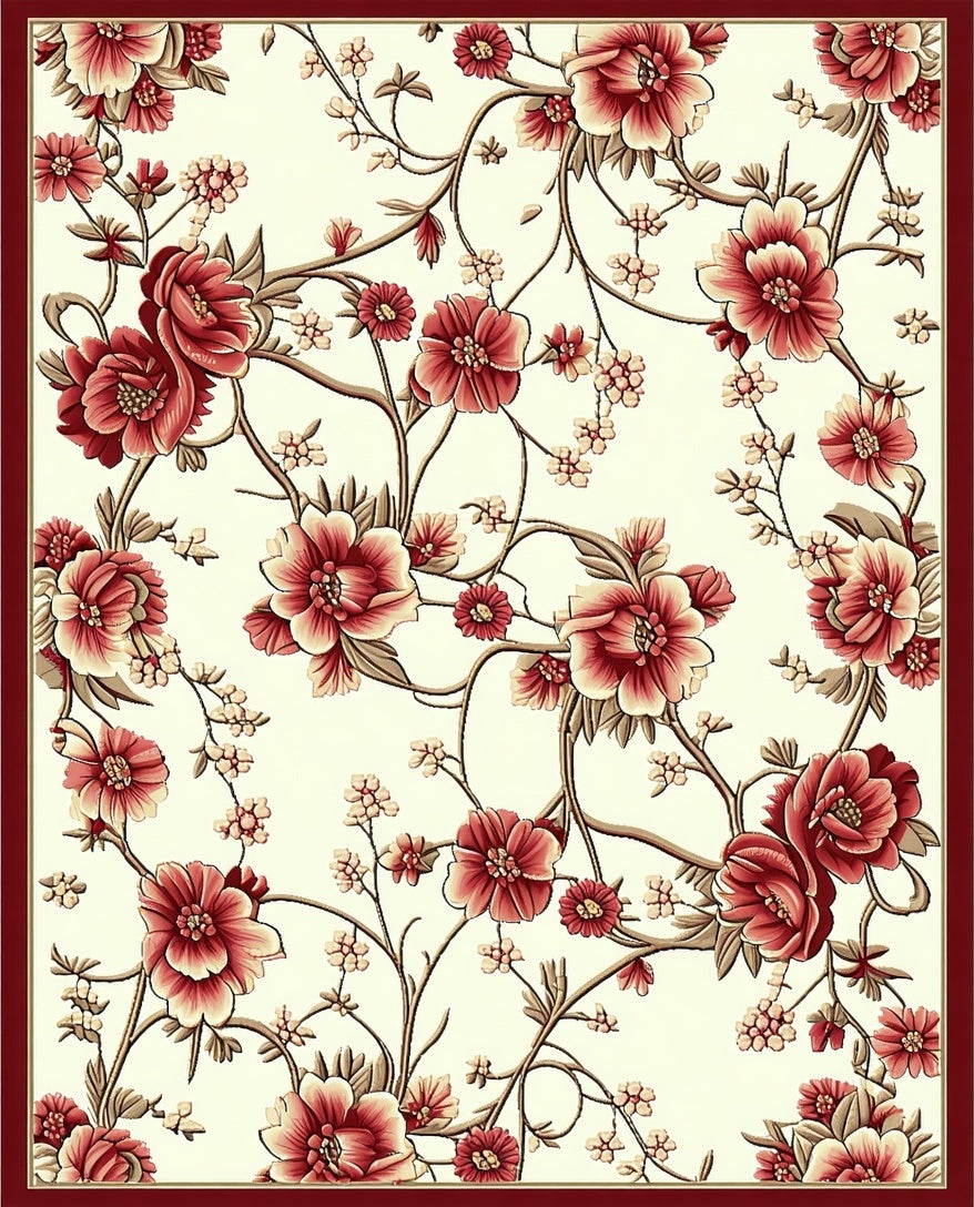 Crimson Floral Branch And Vine Design Rug