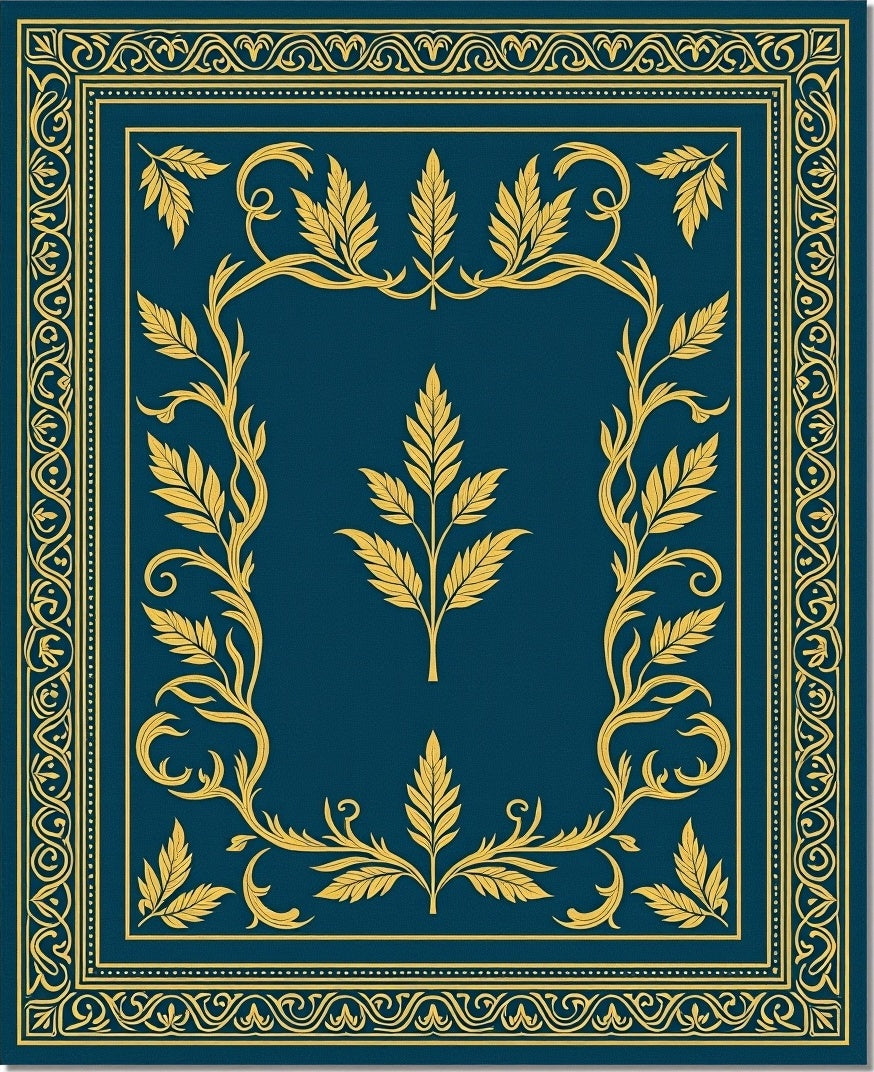 Deep Teal Golden Leaf Border Rug