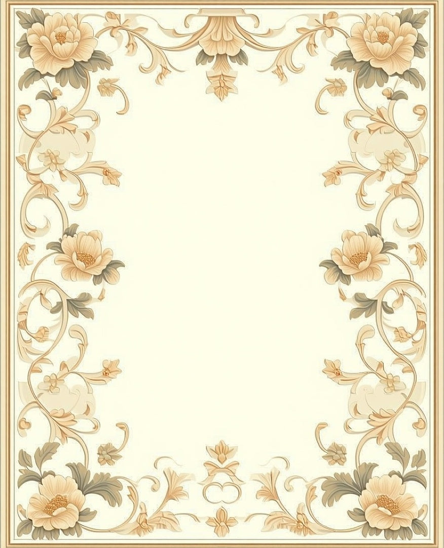 Cream Floral Scrollwork Vintage Frame Rug