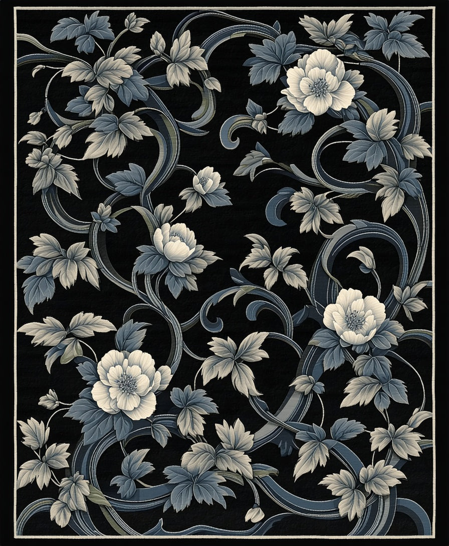 Dark Floral Swirls Botanical Patterned Rug