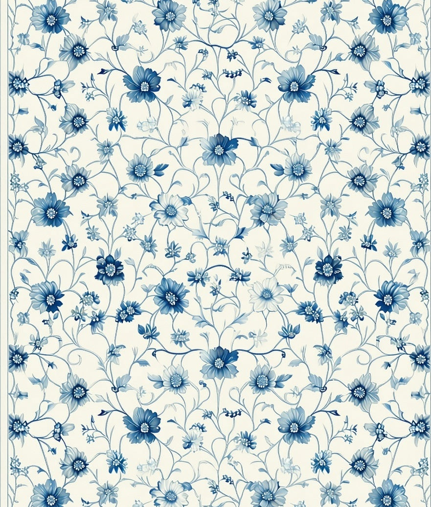 Classic Blue Floral Vine Pattern Rug