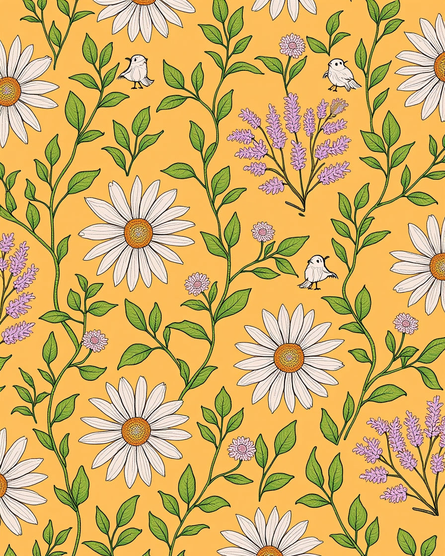 Daisies Lavender Birds Vines Pattern Rug