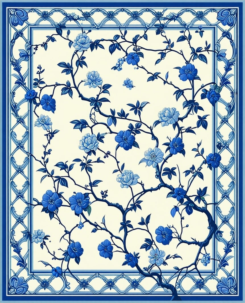 Blue Floral Vine Patterned Rug