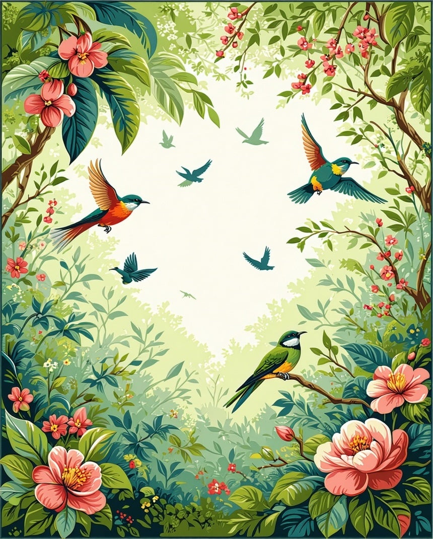 Vibrant Jungle Birds Blossom Foliage Design Rug