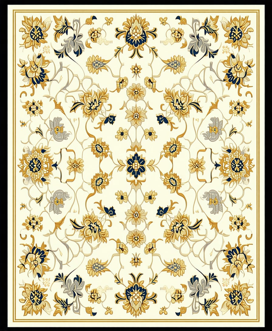 Classic Blue Gold Floral Pattern Rug