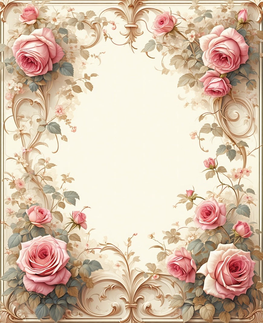 Vintage Pink Rose Blossom Scrollwork Rug