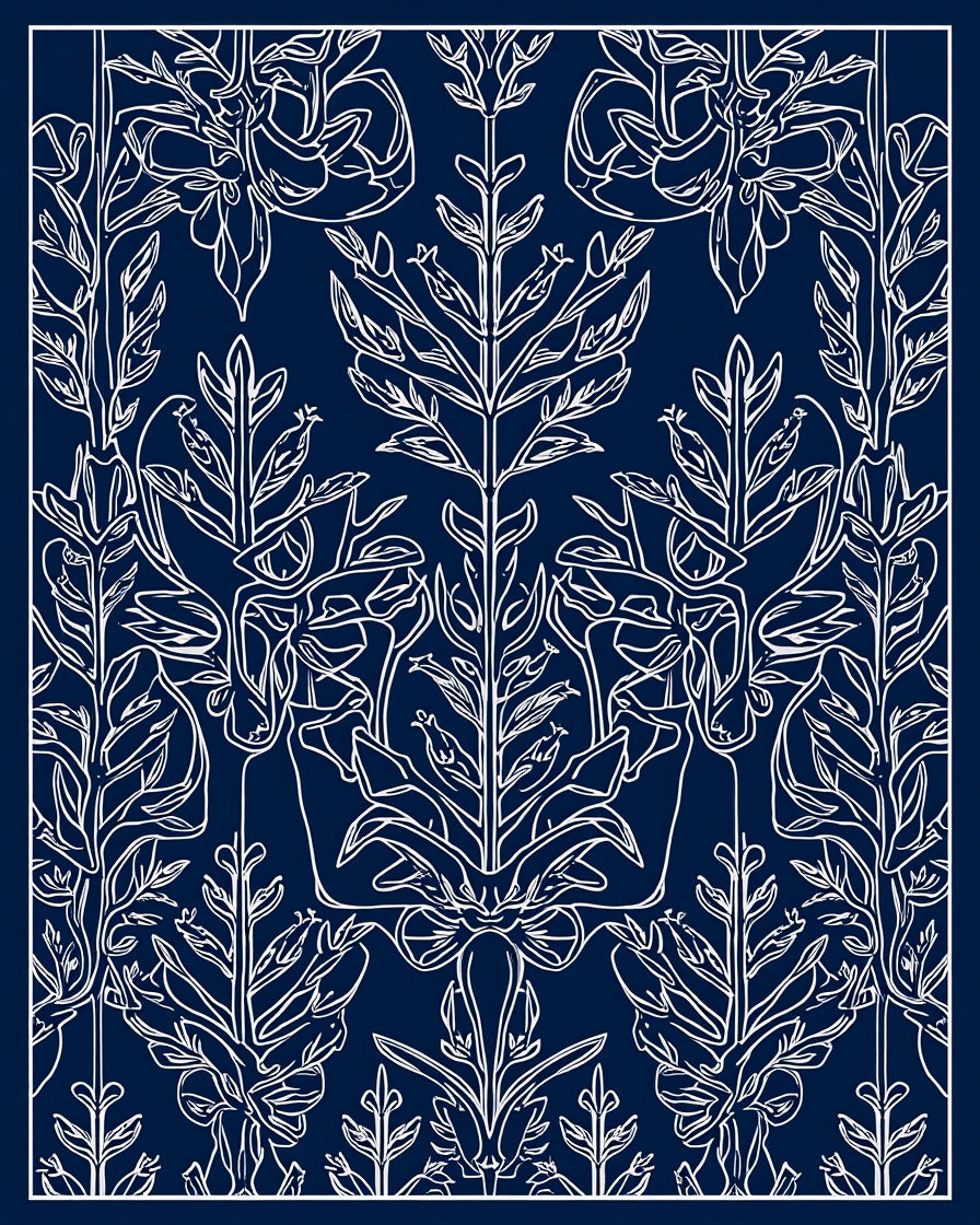 Ornate Blue Floral Scrollwork Design Rug