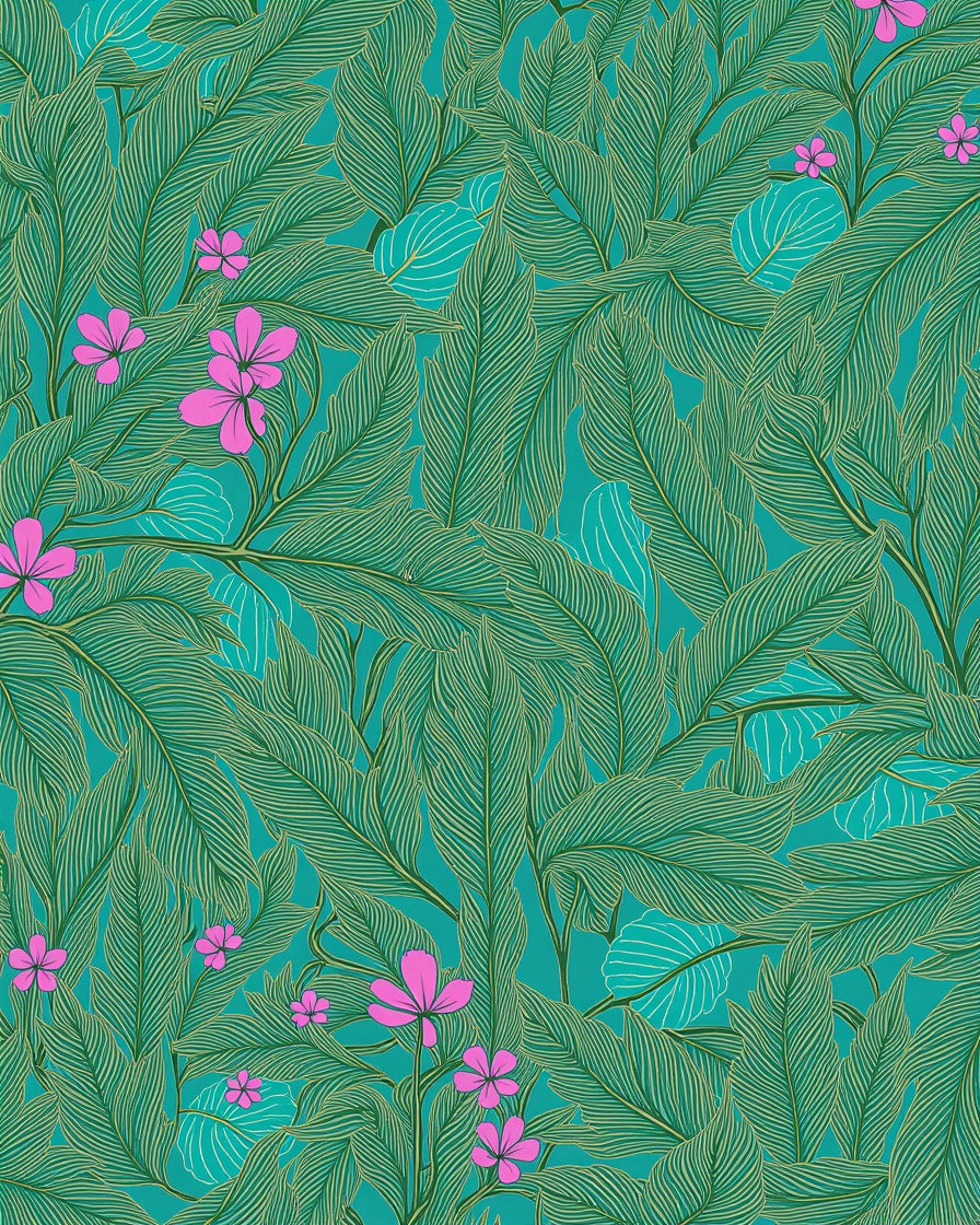 Tropical Green Leaves Pink Flowers Pattern Rug