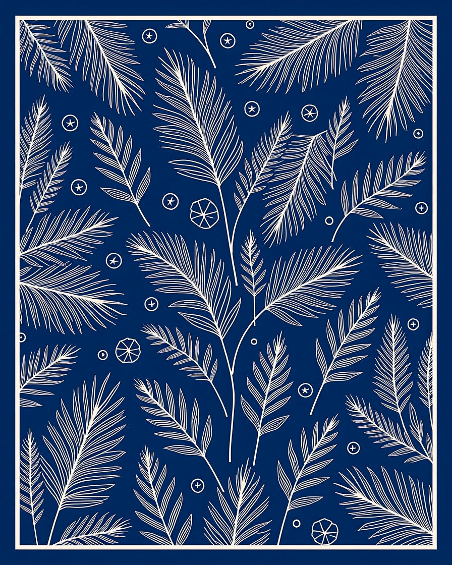 Deep Blue Feathery Leaf Medallion Rug