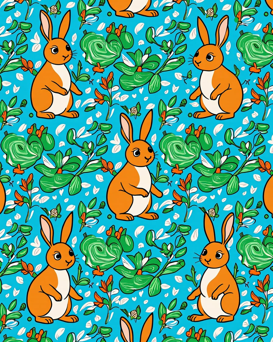 Playful Orange Bunny Floral Pattern Rug