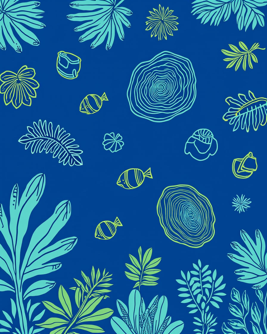 Oceanic Tropical Leaf Fish Motif Rug