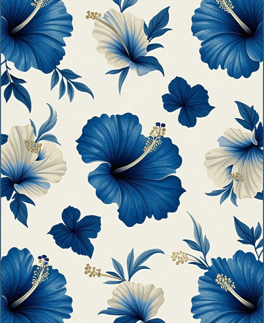 Blue Floral Hibiscus Pattern Rug