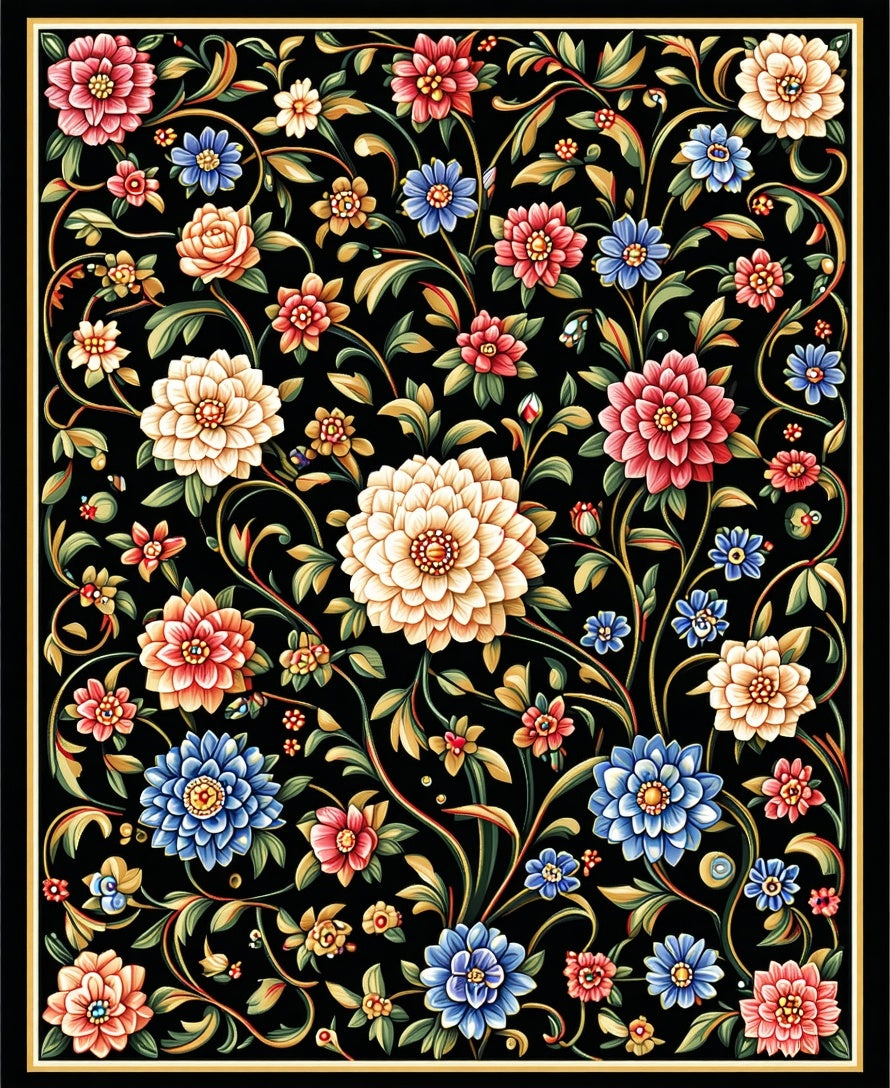 Rich Floral Vines On Black Background Rug