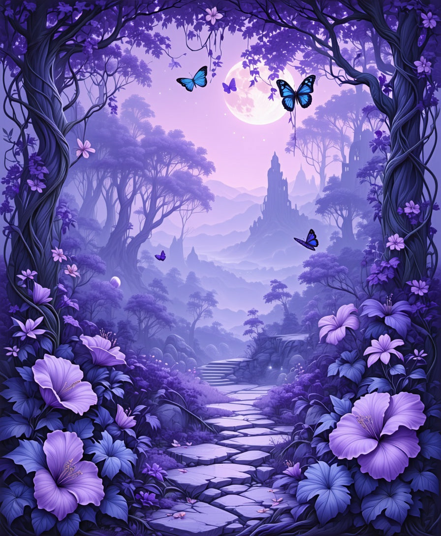 Enchanted Purple Forest Butterfly Scene Rug